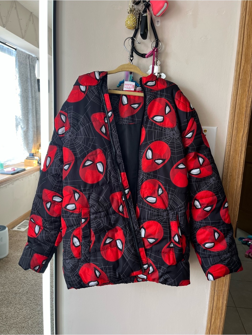 Marvel Black Puffer Jacket with Red Spider-Man Face Print